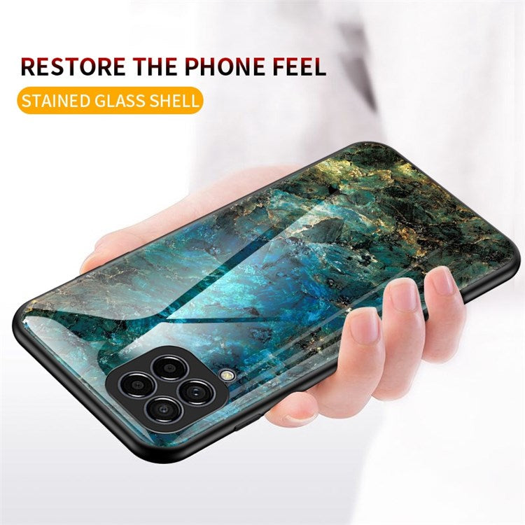 For Samsung Galaxy M33 5G (Global Version) Marble Pattern Tempered Glass + PC + TPU Anti-shock Smooth Touch Cell Phone Shell Case - Emerald Marble