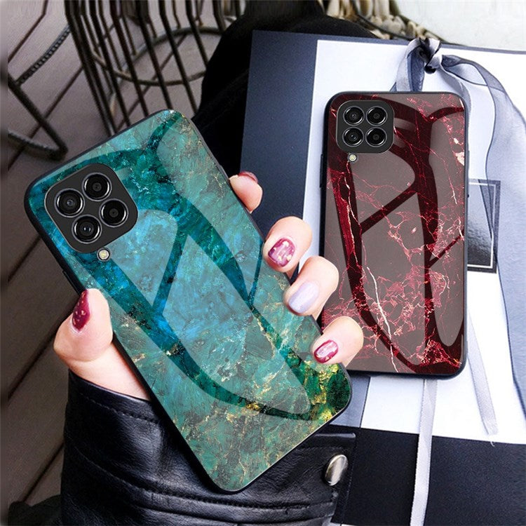 For Samsung Galaxy M33 5G (Global Version) Marble Pattern Tempered Glass + PC + TPU Anti-shock Smooth Touch Cell Phone Shell Case - Emerald Marble