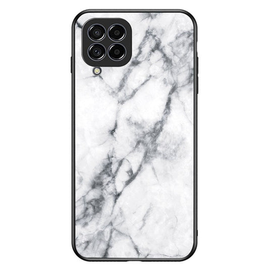 For Samsung Galaxy M33 5G (Global Version) Marble Pattern Tempered Glass + PC + TPU Anti-shock Smooth Touch Cell Phone Shell Case - White Marble