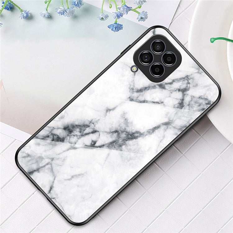 For Samsung Galaxy M33 5G (Global Version) Marble Pattern Tempered Glass + PC + TPU Anti-shock Smooth Touch Cell Phone Shell Case - White Marble