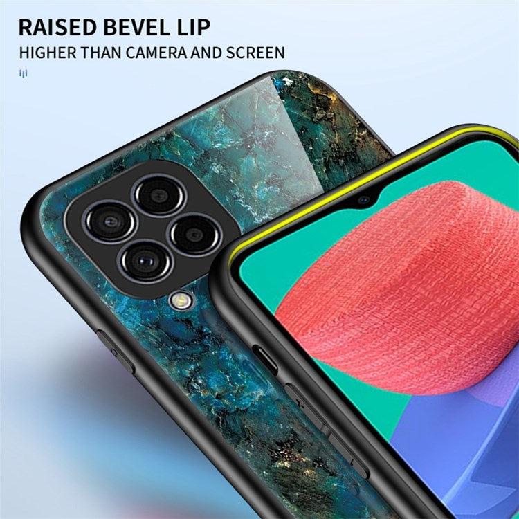 For Samsung Galaxy M33 5G (Global Version) Marble Pattern Tempered Glass + PC + TPU Anti-shock Smooth Touch Cell Phone Shell Case - White Marble