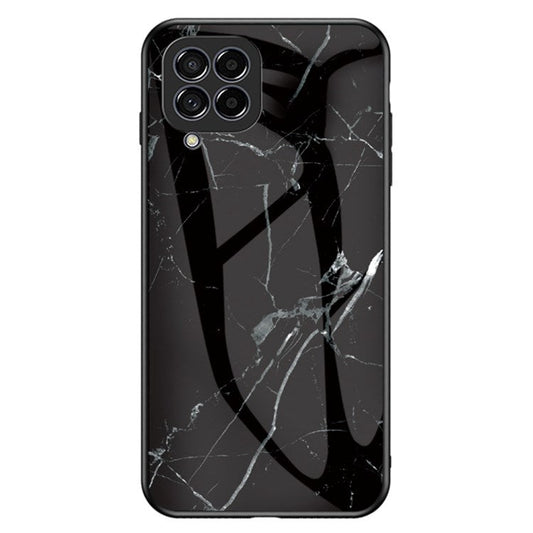 For Samsung Galaxy M33 5G (Global Version) Marble Pattern Tempered Glass + PC + TPU Anti-shock Smooth Touch Cell Phone Shell Case - Black Marble
