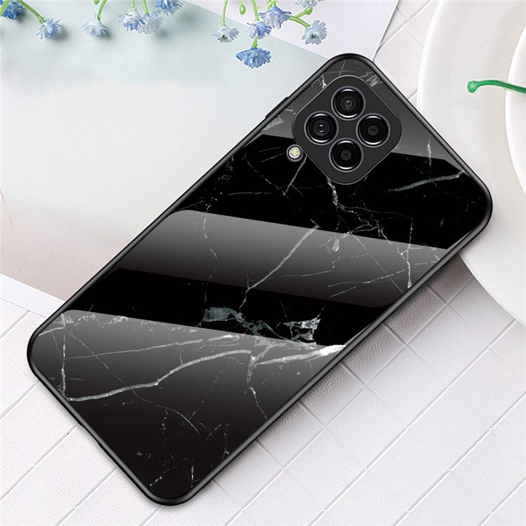 For Samsung Galaxy M33 5G (Global Version) Marble Pattern Tempered Glass + PC + TPU Anti-shock Smooth Touch Cell Phone Shell Case - Black Marble