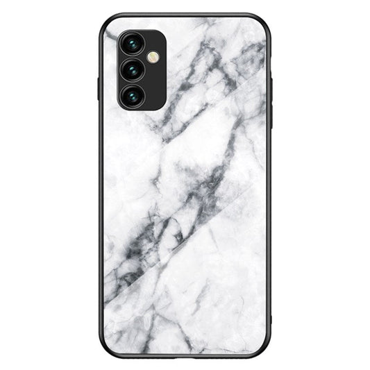 For Samsung Galaxy M23 5G/F23 5G Marble Pattern Tempered Glass + PC + TPU Stylish Scratch-resistant Smartphone Case - White Marble