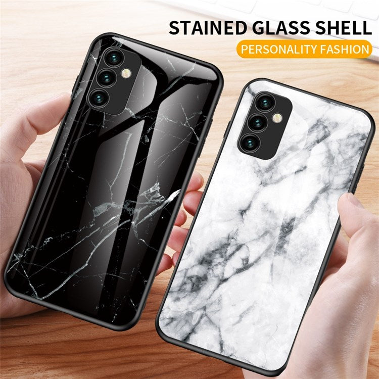 For Samsung Galaxy M23 5G/F23 5G Marble Pattern Tempered Glass + PC + TPU Stylish Scratch-resistant Smartphone Case - White Marble