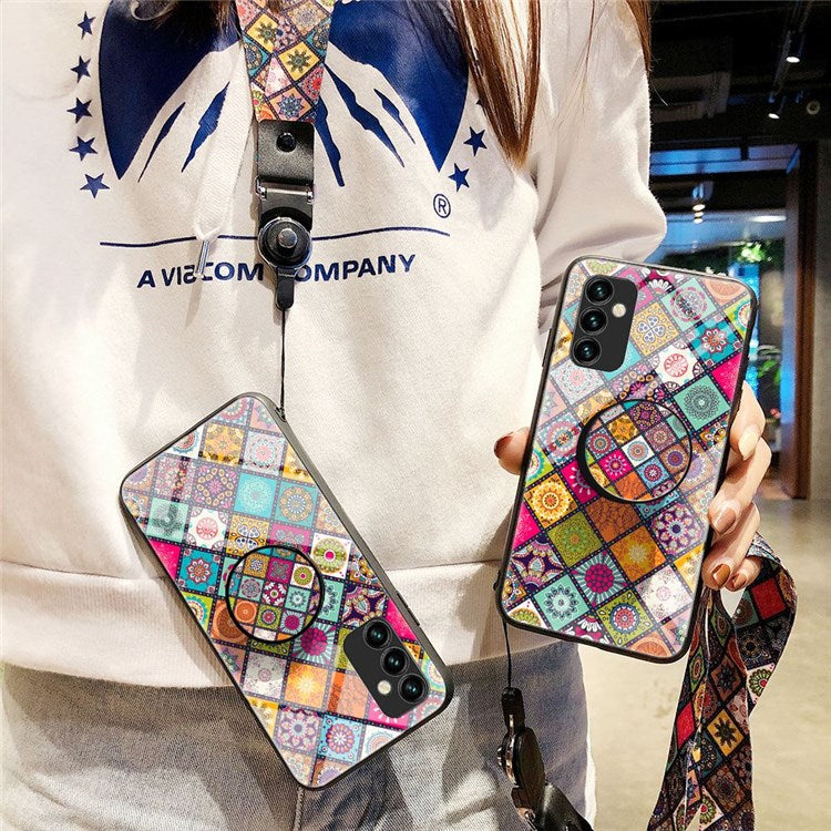 For Samsung Galaxy M23 5G/F23 5G Drop-proof Protection Kickstand Phone Case Flower Pattern Tempered Glass + PC + TPU Shell with Lanyard - Checkered Pattern