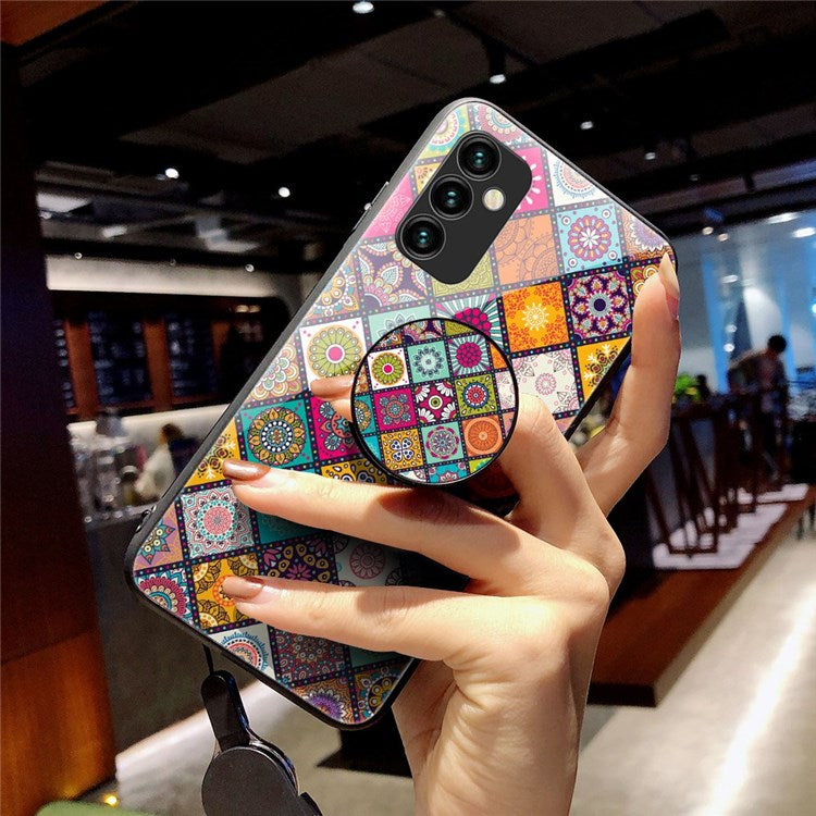 For Samsung Galaxy M23 5G/F23 5G Drop-proof Protection Kickstand Phone Case Flower Pattern Tempered Glass + PC + TPU Shell with Lanyard - Checkered Pattern