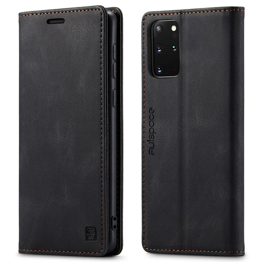 AUTSPACE A01 Series for Samsung Galaxy S20 Plus 4G/5G PU Leather Case RFID Blocking Wallet Flip Stand Cover - Black