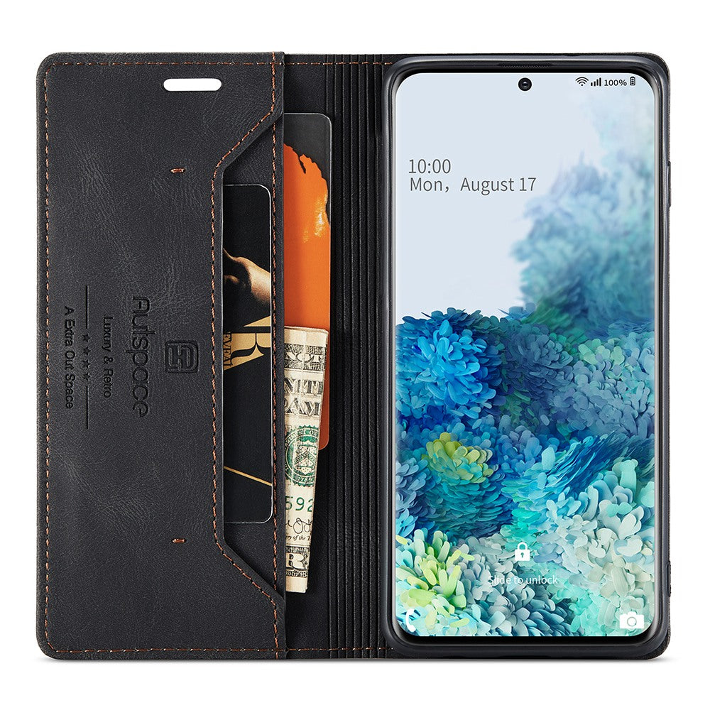 AUTSPACE A01 Series for Samsung Galaxy S20 Plus 4G/5G PU Leather Case RFID Blocking Wallet Flip Stand Cover - Black