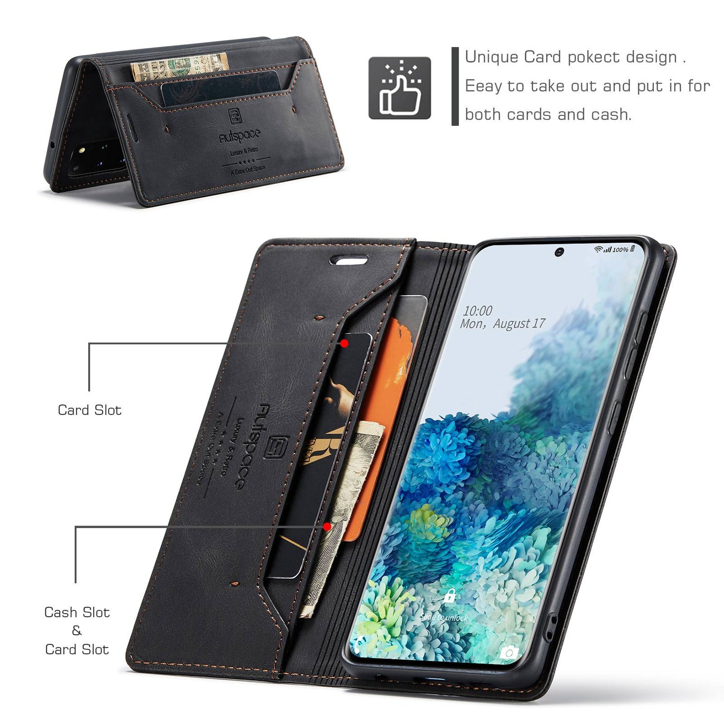 AUTSPACE A01 Series for Samsung Galaxy S20 Plus 4G/5G PU Leather Case RFID Blocking Wallet Flip Stand Cover - Black