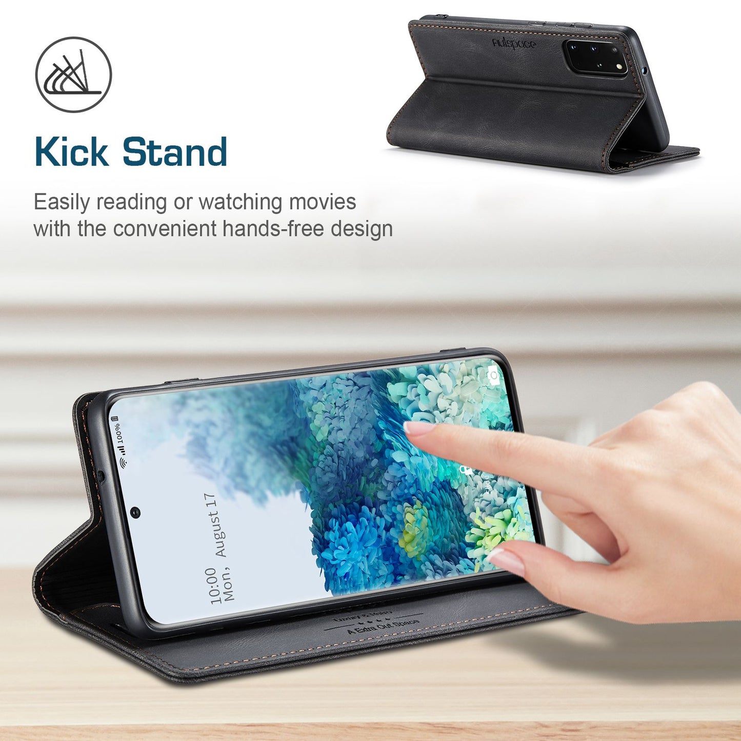 AUTSPACE A01 Series for Samsung Galaxy S20 Plus 4G/5G PU Leather Case RFID Blocking Wallet Flip Stand Cover - Black
