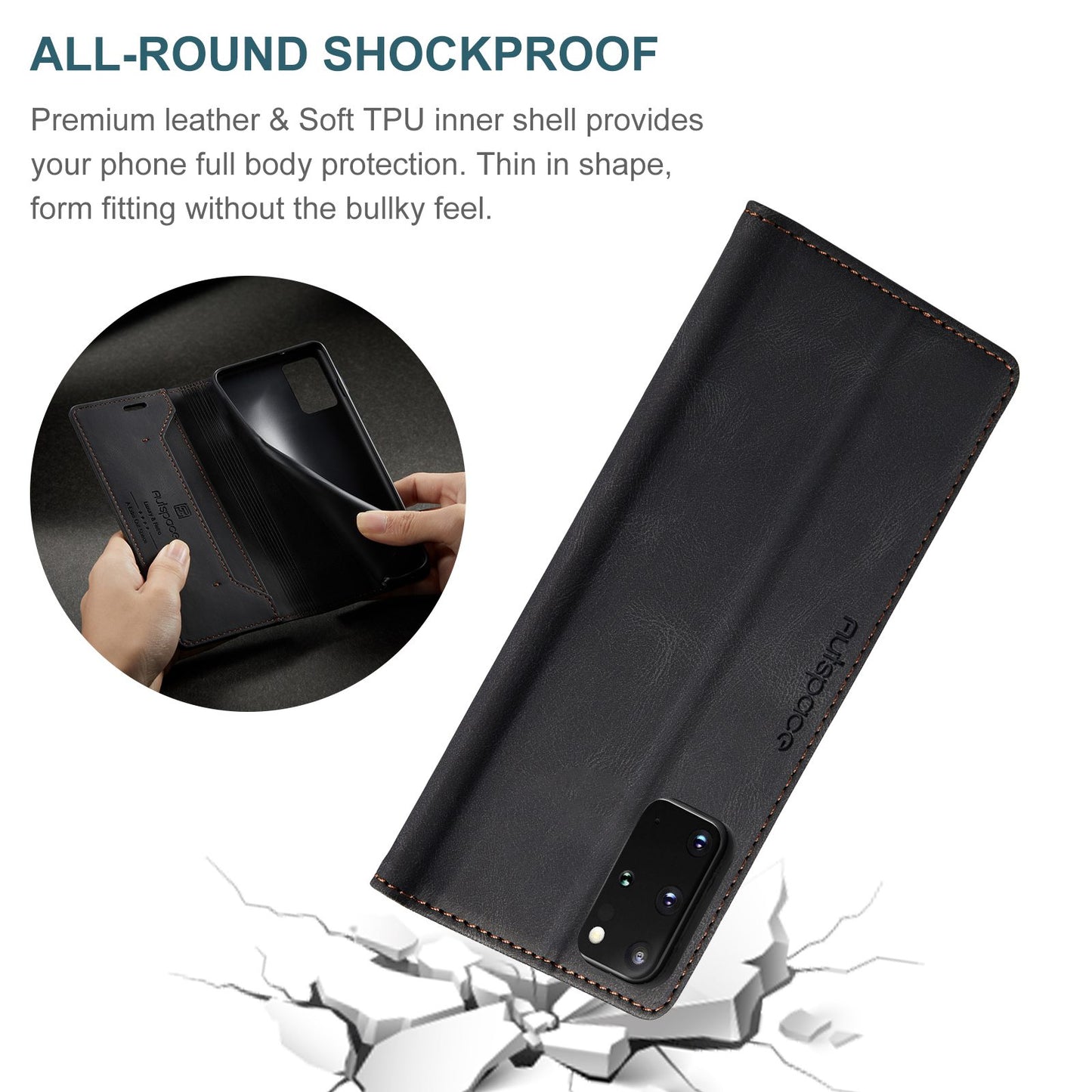 AUTSPACE A01 Series for Samsung Galaxy S20 Plus 4G/5G PU Leather Case RFID Blocking Wallet Flip Stand Cover - Black
