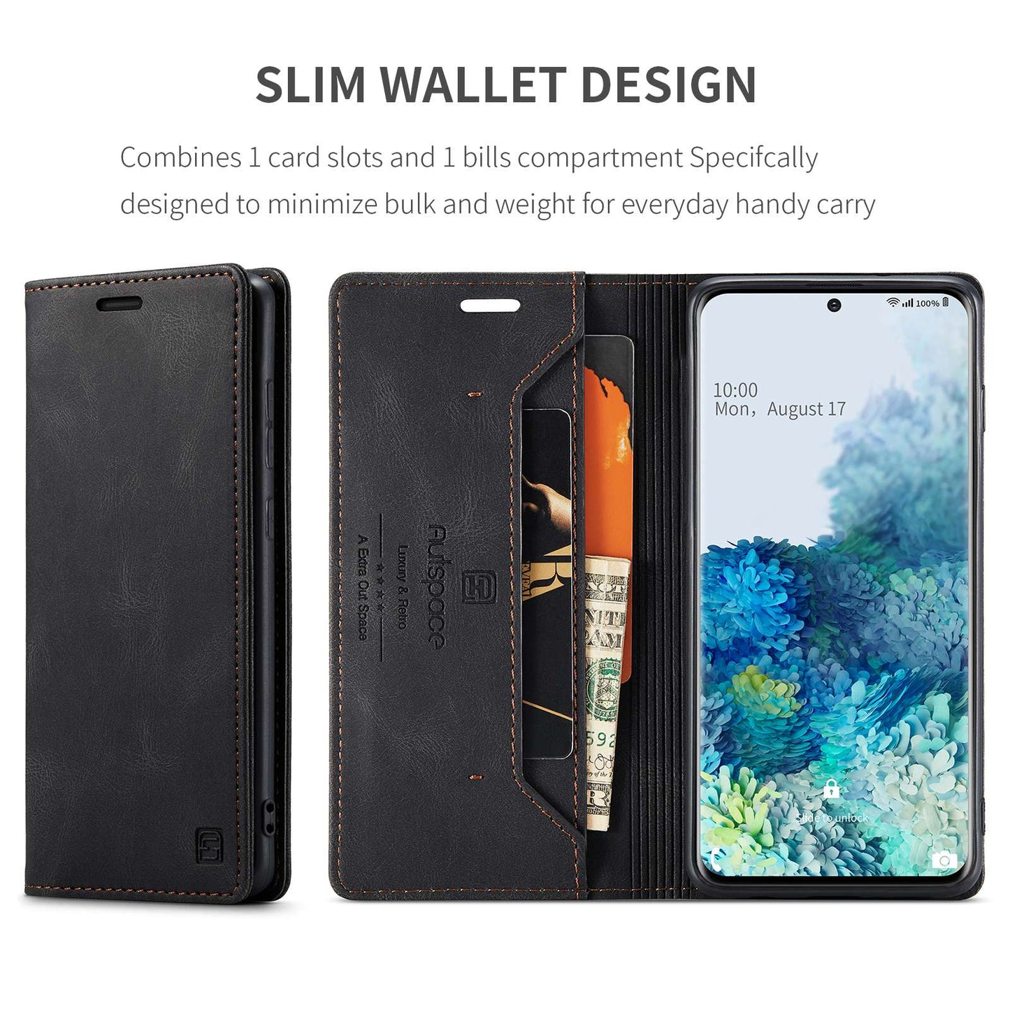 AUTSPACE A01 Series for Samsung Galaxy S20 Plus 4G/5G PU Leather Case RFID Blocking Wallet Flip Stand Cover - Black