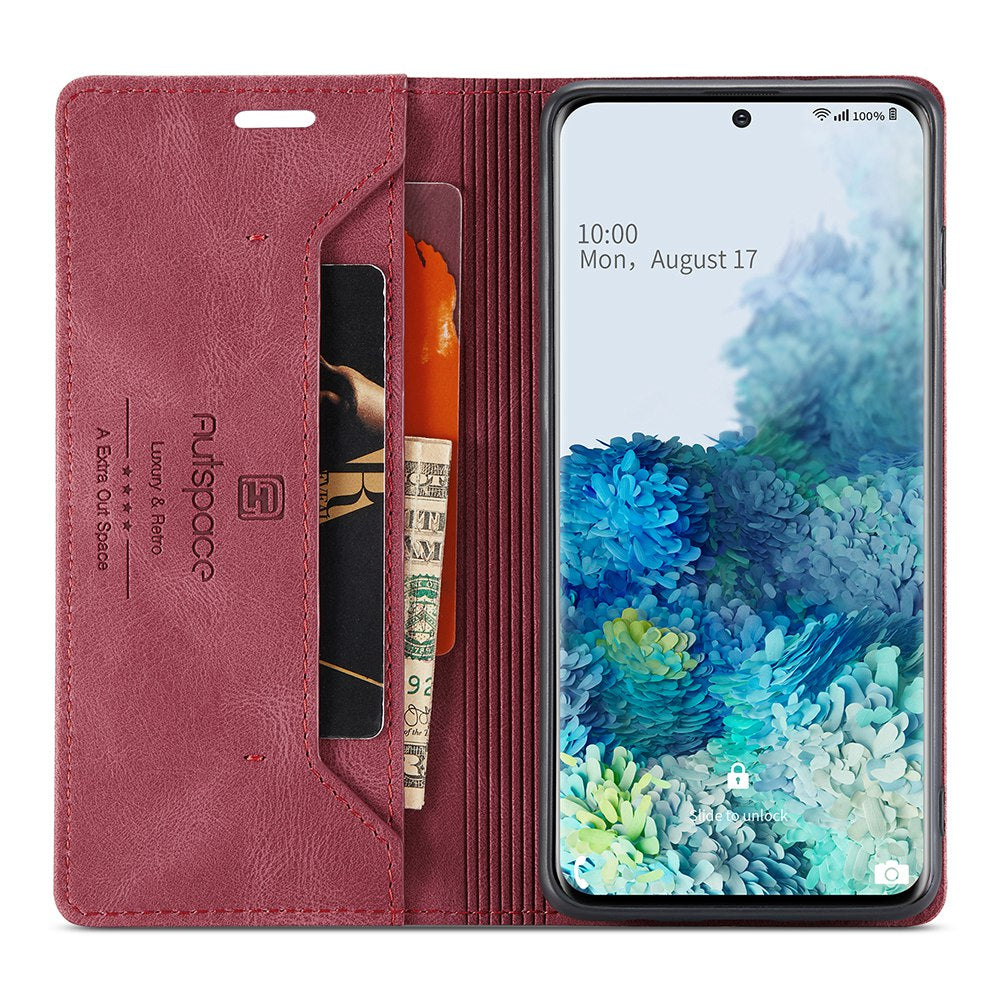 AUTSPACE A01 Series for Samsung Galaxy S20 Plus 4G/5G PU Leather Case RFID Blocking Wallet Flip Stand Cover - Red