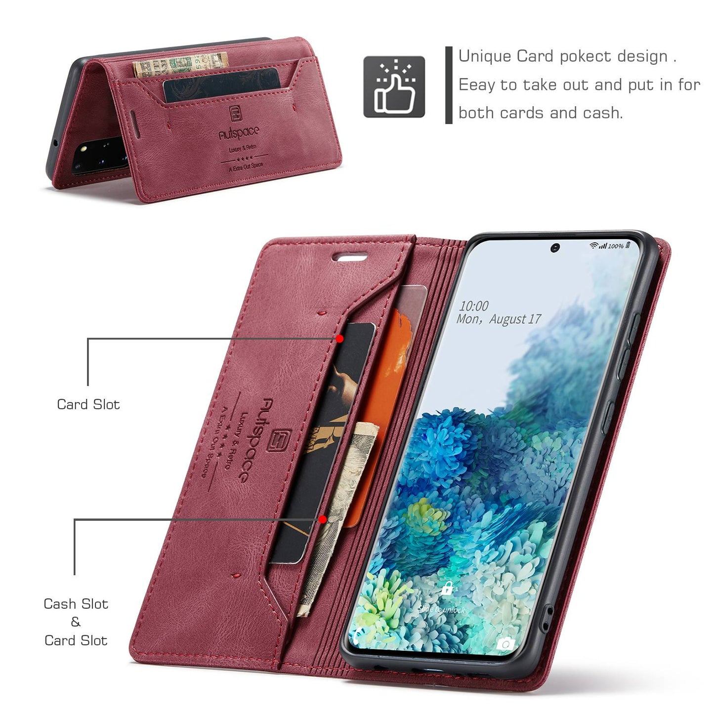AUTSPACE A01 Series for Samsung Galaxy S20 Plus 4G/5G PU Leather Case RFID Blocking Wallet Flip Stand Cover - Red