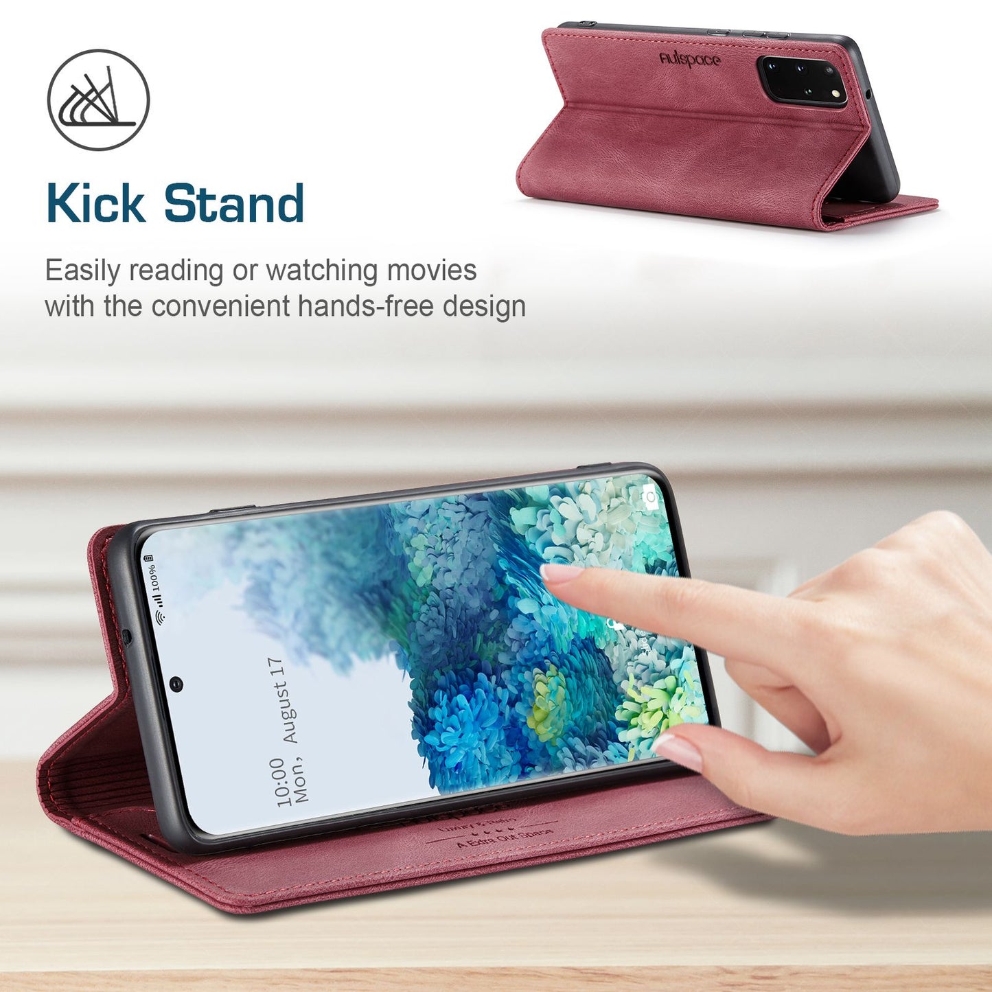 AUTSPACE A01 Series for Samsung Galaxy S20 Plus 4G/5G PU Leather Case RFID Blocking Wallet Flip Stand Cover - Red