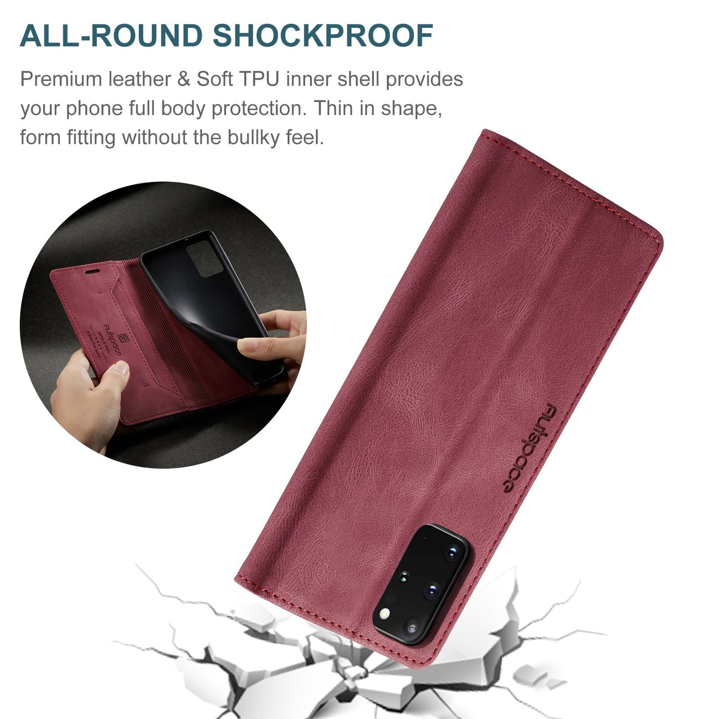 AUTSPACE A01 Series for Samsung Galaxy S20 Plus 4G/5G PU Leather Case RFID Blocking Wallet Flip Stand Cover - Red