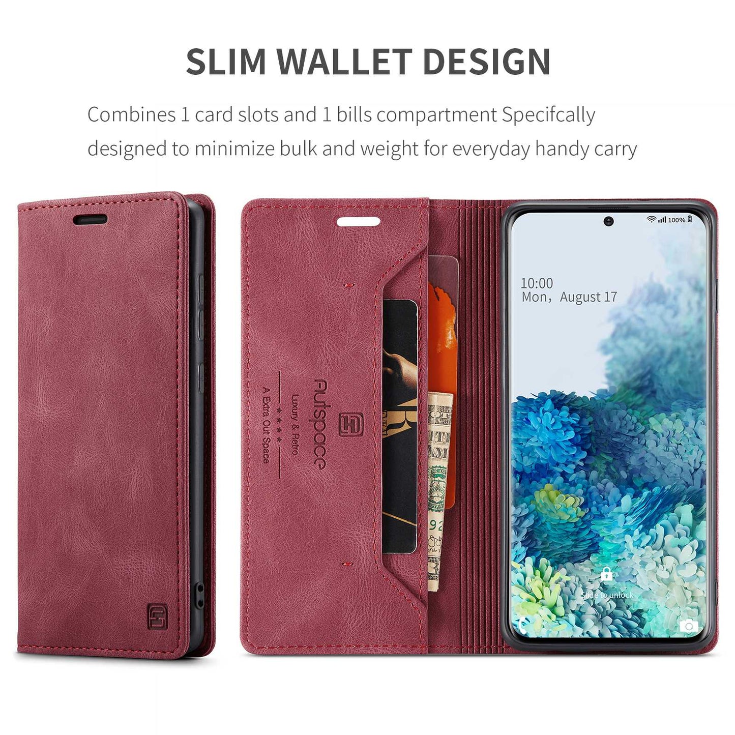 AUTSPACE A01 Series for Samsung Galaxy S20 Plus 4G/5G PU Leather Case RFID Blocking Wallet Flip Stand Cover - Red