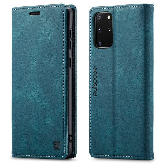 AUTSPACE A01 Series for Samsung Galaxy S20 Plus 4G/5G PU Leather Case RFID Blocking Wallet Flip Stand Cover - Blue