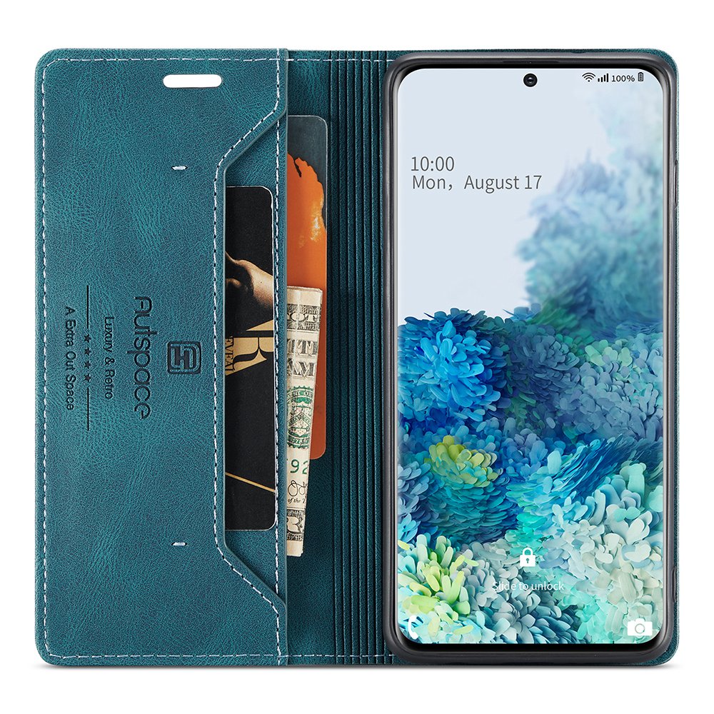 AUTSPACE A01 Series for Samsung Galaxy S20 Plus 4G/5G PU Leather Case RFID Blocking Wallet Flip Stand Cover - Blue