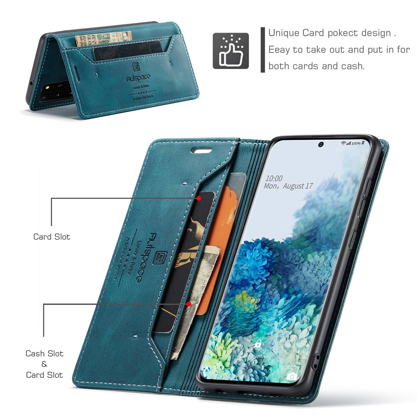 AUTSPACE A01 Series for Samsung Galaxy S20 Plus 4G/5G PU Leather Case RFID Blocking Wallet Flip Stand Cover - Blue