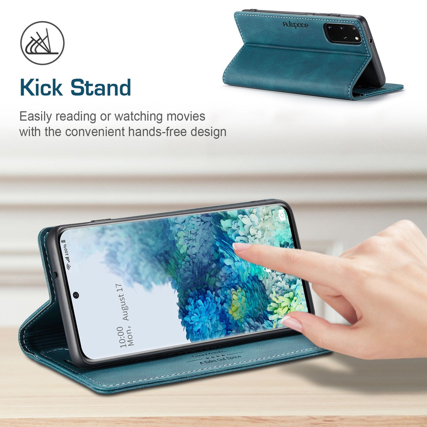 AUTSPACE A01 Series for Samsung Galaxy S20 Plus 4G/5G PU Leather Case RFID Blocking Wallet Flip Stand Cover - Blue