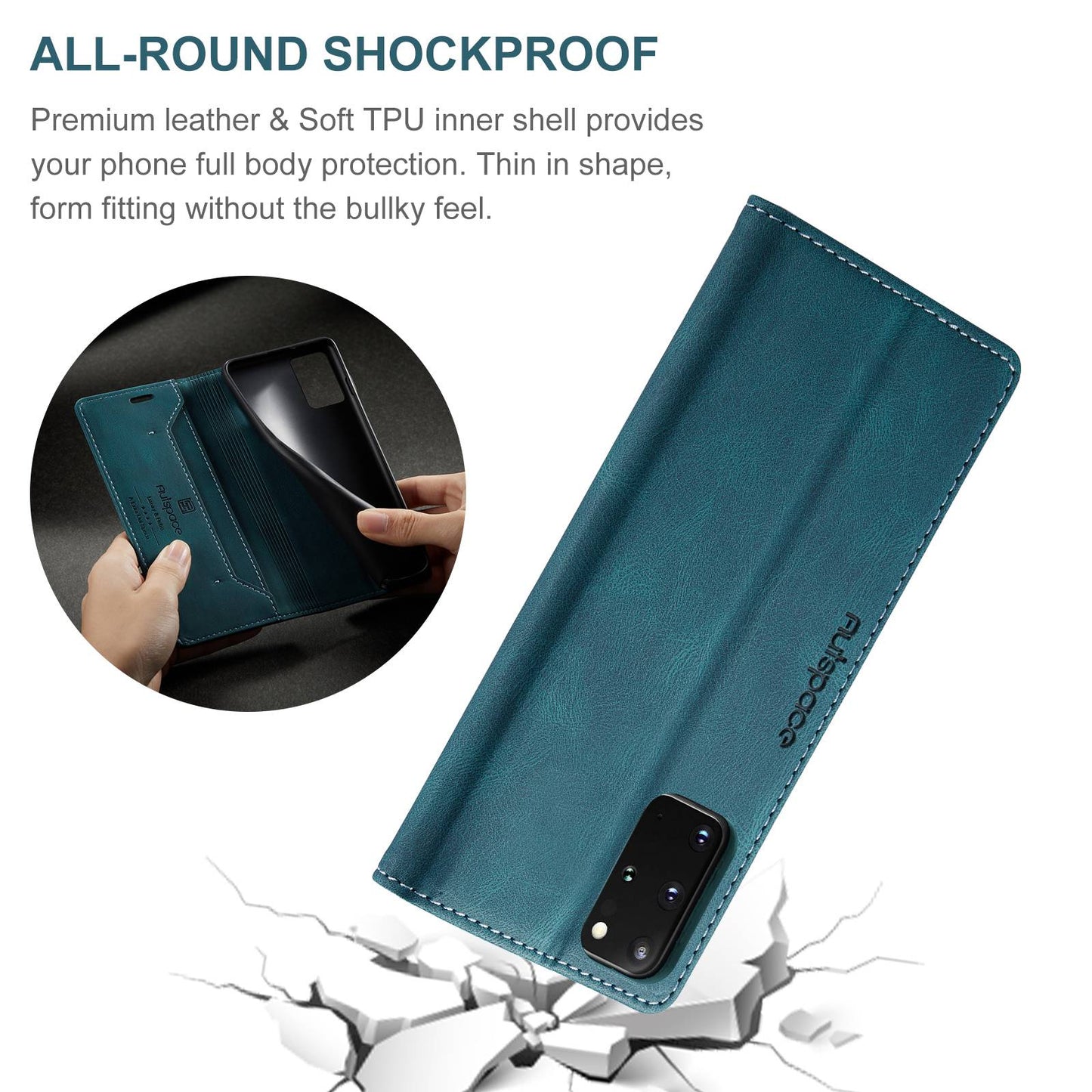 AUTSPACE A01 Series for Samsung Galaxy S20 Plus 4G/5G PU Leather Case RFID Blocking Wallet Flip Stand Cover - Blue