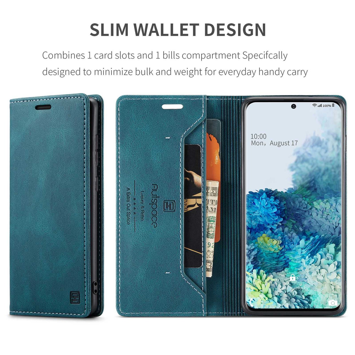 AUTSPACE A01 Series for Samsung Galaxy S20 Plus 4G/5G PU Leather Case RFID Blocking Wallet Flip Stand Cover - Blue
