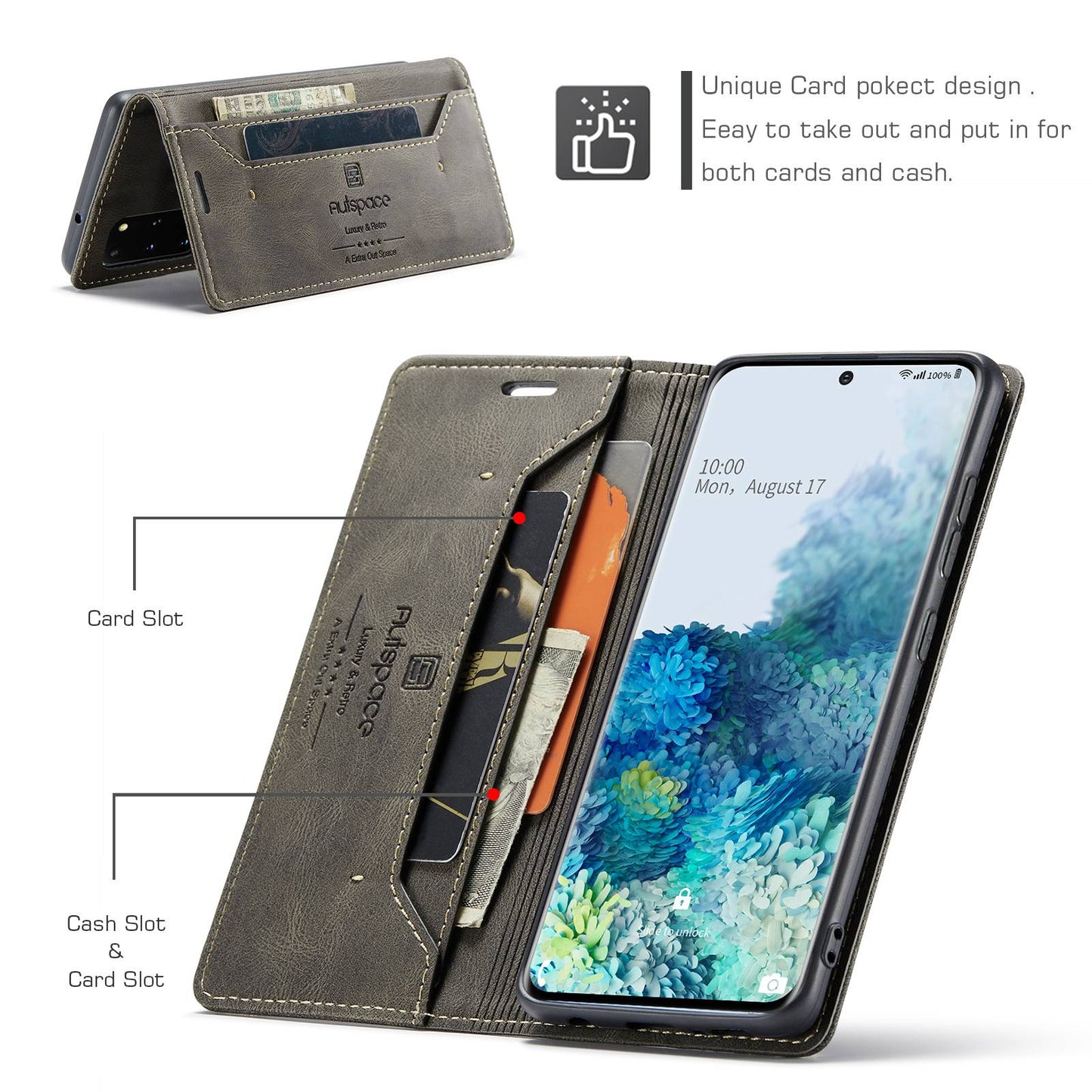 AUTSPACE A01 Series for Samsung Galaxy S20 Plus 4G / 5G PU Leather Case RFID Blocking Wallet Flip Stand Cover - Coffee