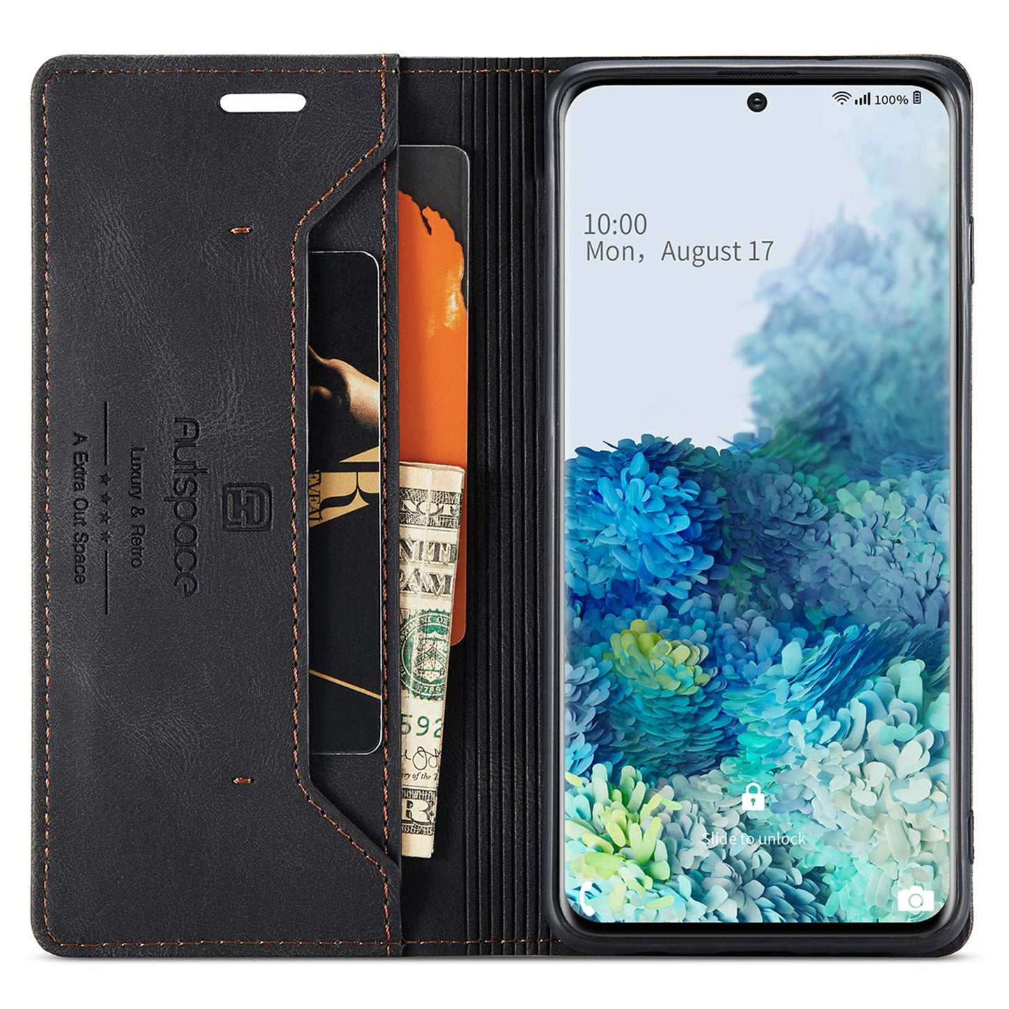 AUTSPACE A01 Series for Samsung Galaxy S20 Ultra 4G / 5G PU Leather Case RFID Blocking Retro Wallet Flip Stand Cover - Black
