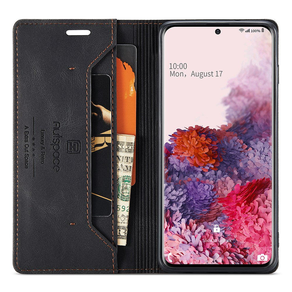 AUTSPACE A01 Series for Samsung Galaxy S20 4G/5G PU Leather Case RFID Blocking Wallet Flip Stand Cover - Black