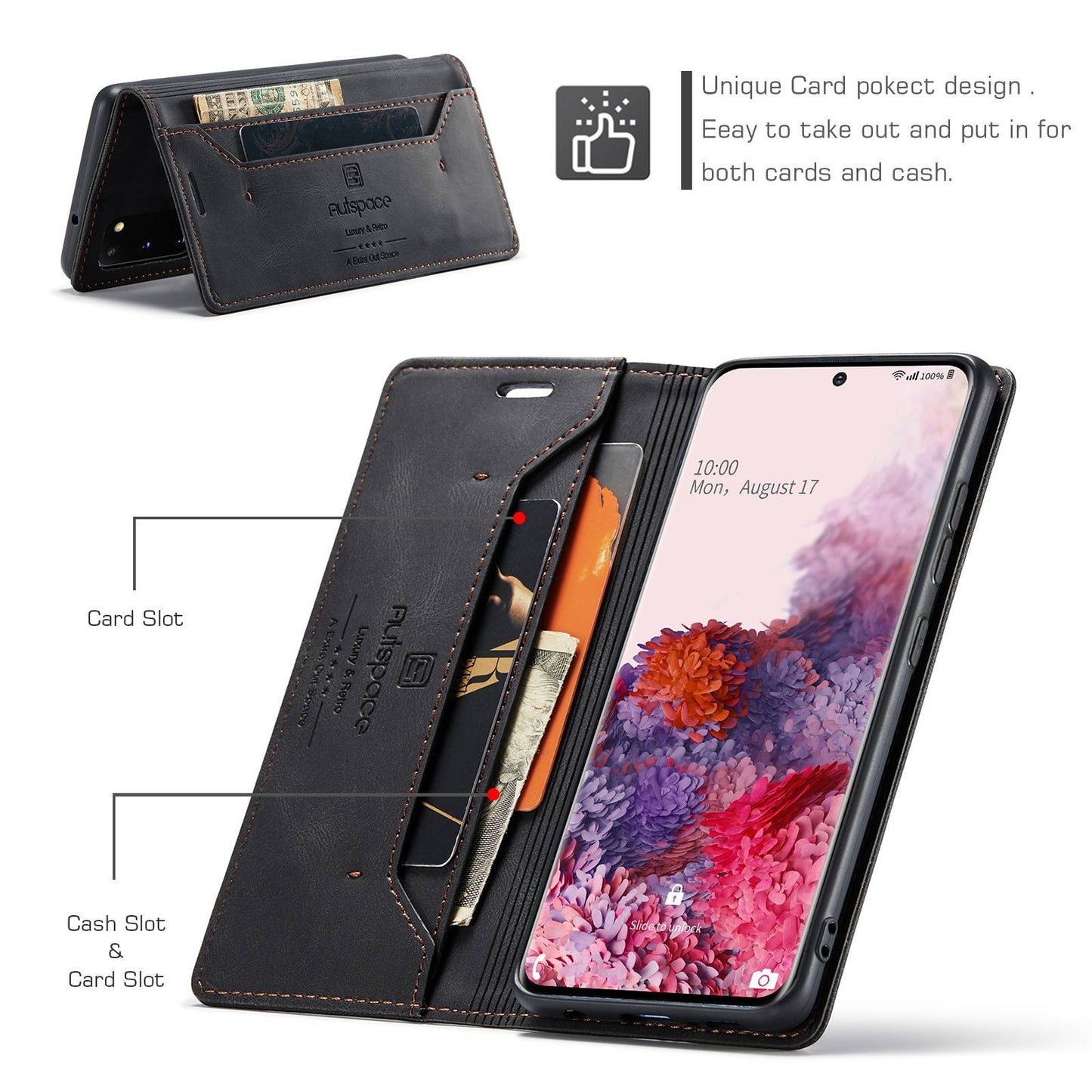 AUTSPACE A01 Series for Samsung Galaxy S20 4G/5G PU Leather Case RFID Blocking Wallet Flip Stand Cover - Black