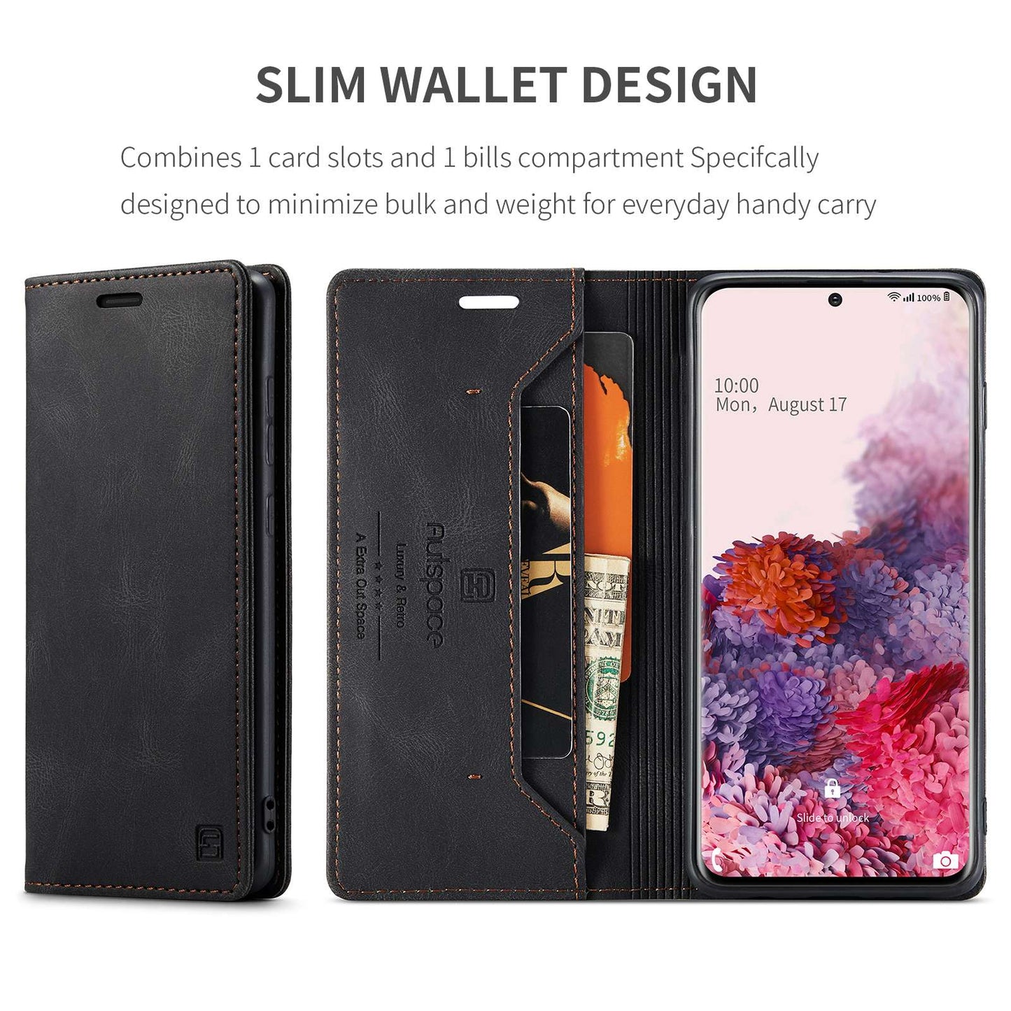 AUTSPACE A01 Series for Samsung Galaxy S20 4G/5G PU Leather Case RFID Blocking Wallet Flip Stand Cover - Black