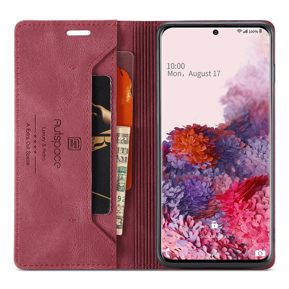 AUTSPACE A01 Series for Samsung Galaxy S20 4G/5G PU Leather Case RFID Blocking Wallet Flip Stand Cover - Red