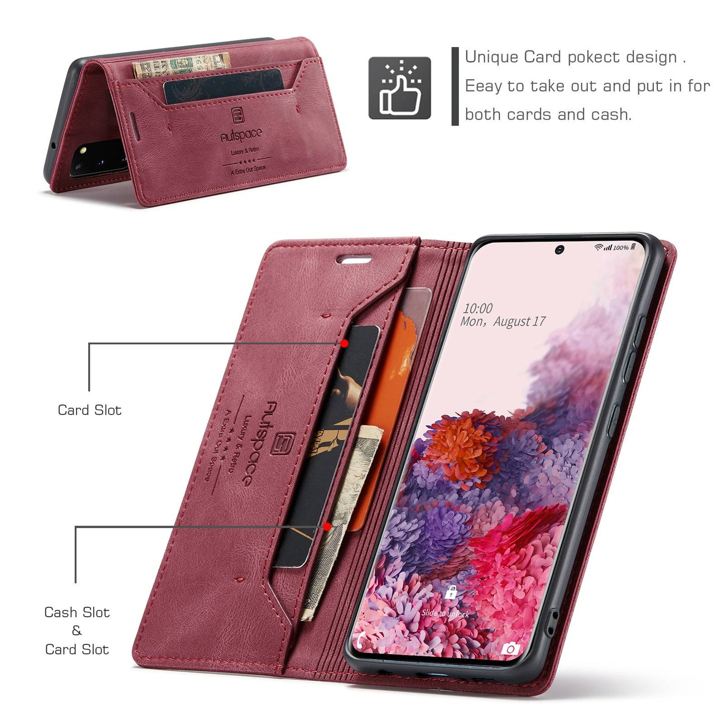 AUTSPACE A01 Series for Samsung Galaxy S20 4G/5G PU Leather Case RFID Blocking Wallet Flip Stand Cover - Red