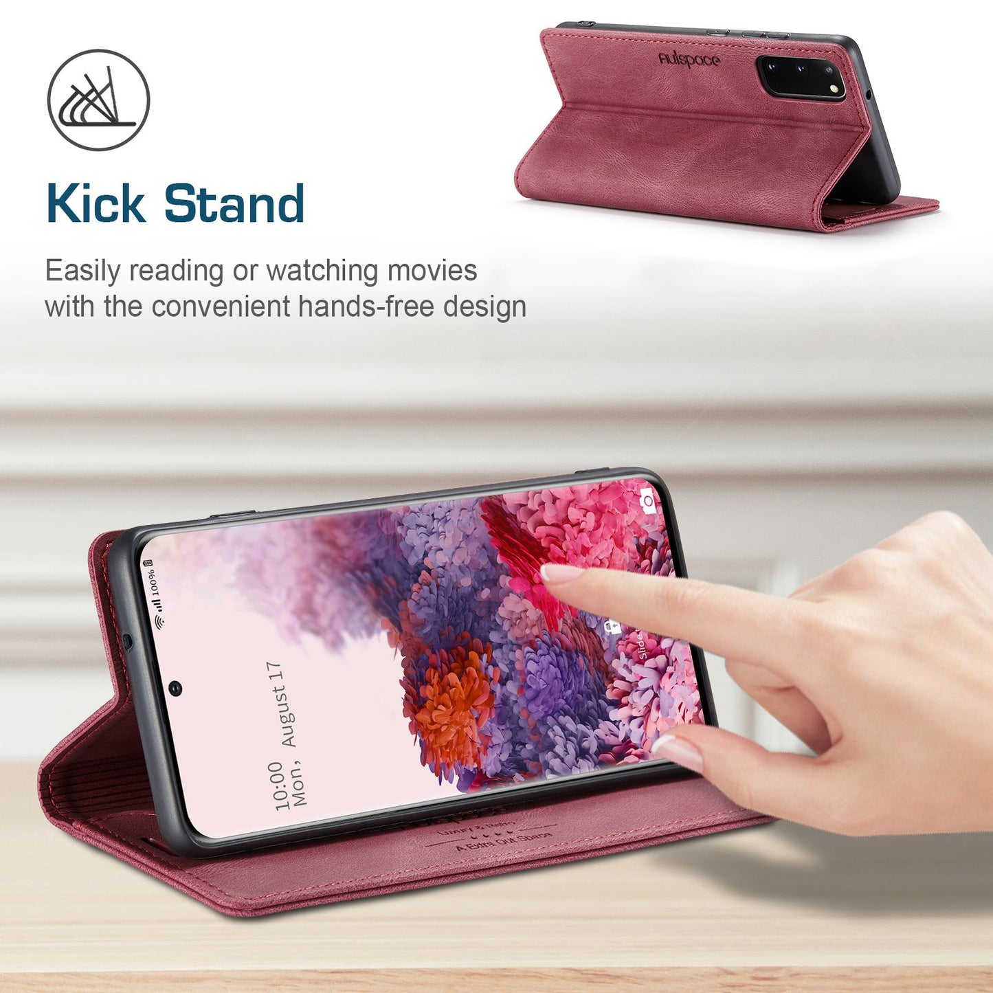 AUTSPACE A01 Series for Samsung Galaxy S20 4G/5G PU Leather Case RFID Blocking Wallet Flip Stand Cover - Red