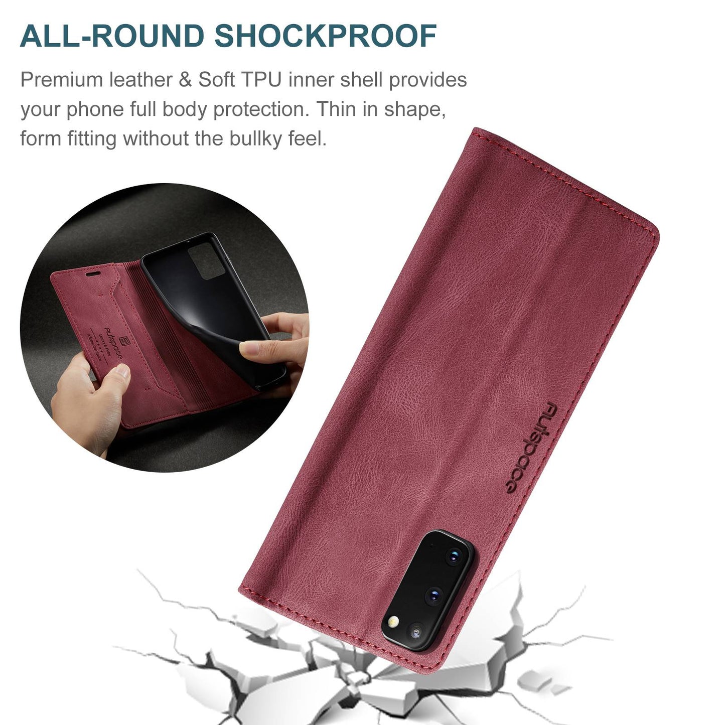 AUTSPACE A01 Series for Samsung Galaxy S20 4G/5G PU Leather Case RFID Blocking Wallet Flip Stand Cover - Red