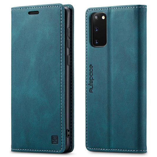 AUTSPACE A01 Series for Samsung Galaxy S20 4G/5G PU Leather Case RFID Blocking Wallet Flip Stand Cover - Blue