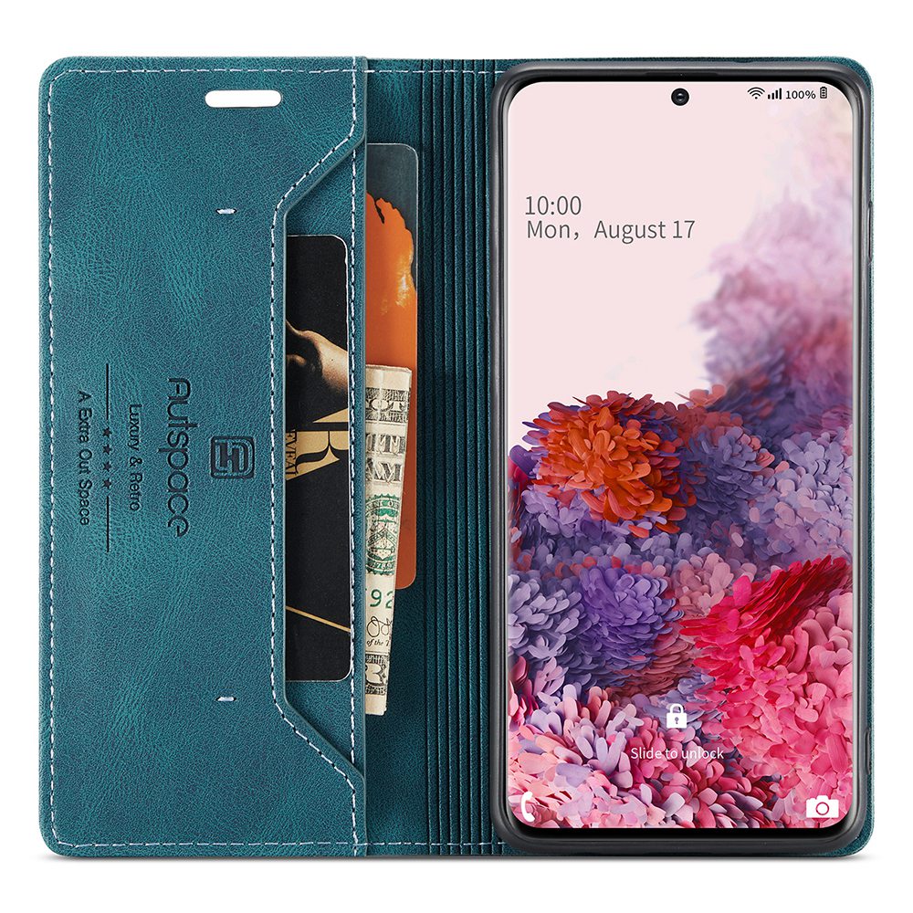 AUTSPACE A01 Series for Samsung Galaxy S20 4G/5G PU Leather Case RFID Blocking Wallet Flip Stand Cover - Blue
