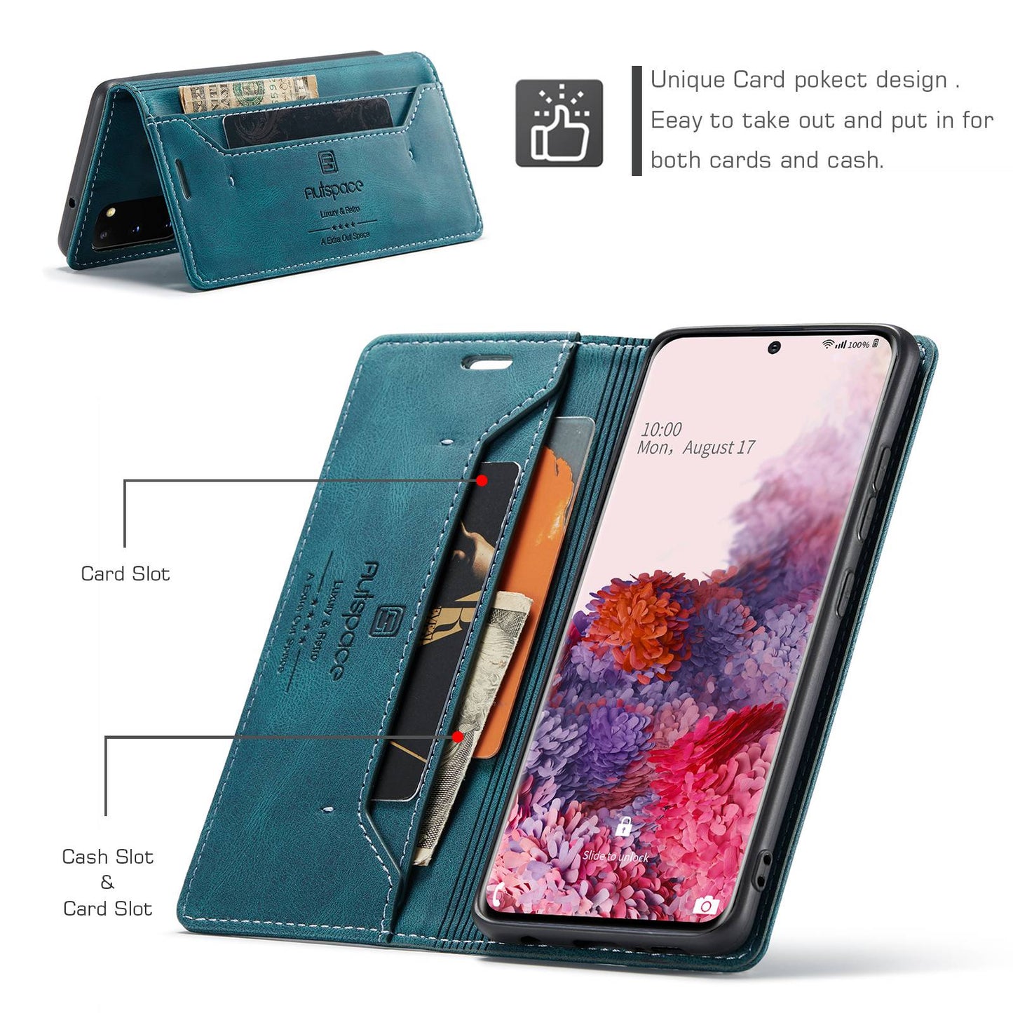 AUTSPACE A01 Series for Samsung Galaxy S20 4G/5G PU Leather Case RFID Blocking Wallet Flip Stand Cover - Blue