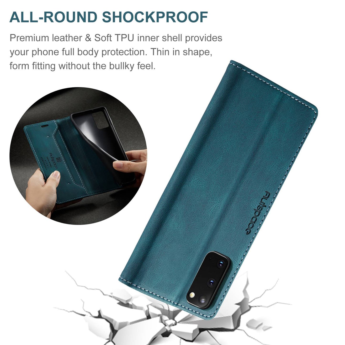 AUTSPACE A01 Series for Samsung Galaxy S20 4G/5G PU Leather Case RFID Blocking Wallet Flip Stand Cover - Blue