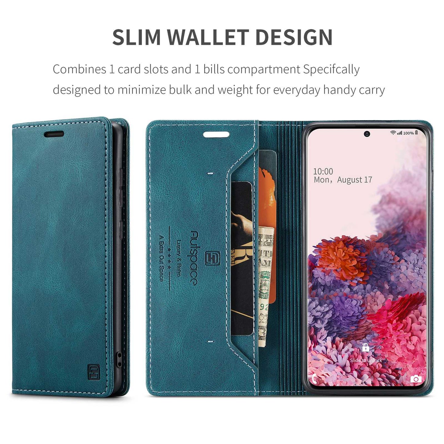 AUTSPACE A01 Series for Samsung Galaxy S20 4G/5G PU Leather Case RFID Blocking Wallet Flip Stand Cover - Blue