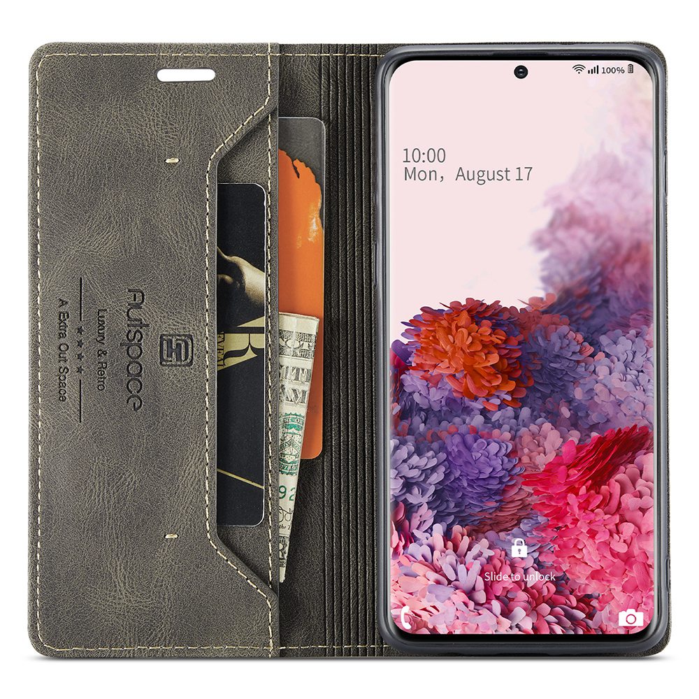 AUTSPACE A01 Series for Samsung Galaxy S20 4G / 5G PU Leather Case RFID Blocking Wallet Flip Stand Cover - Coffee