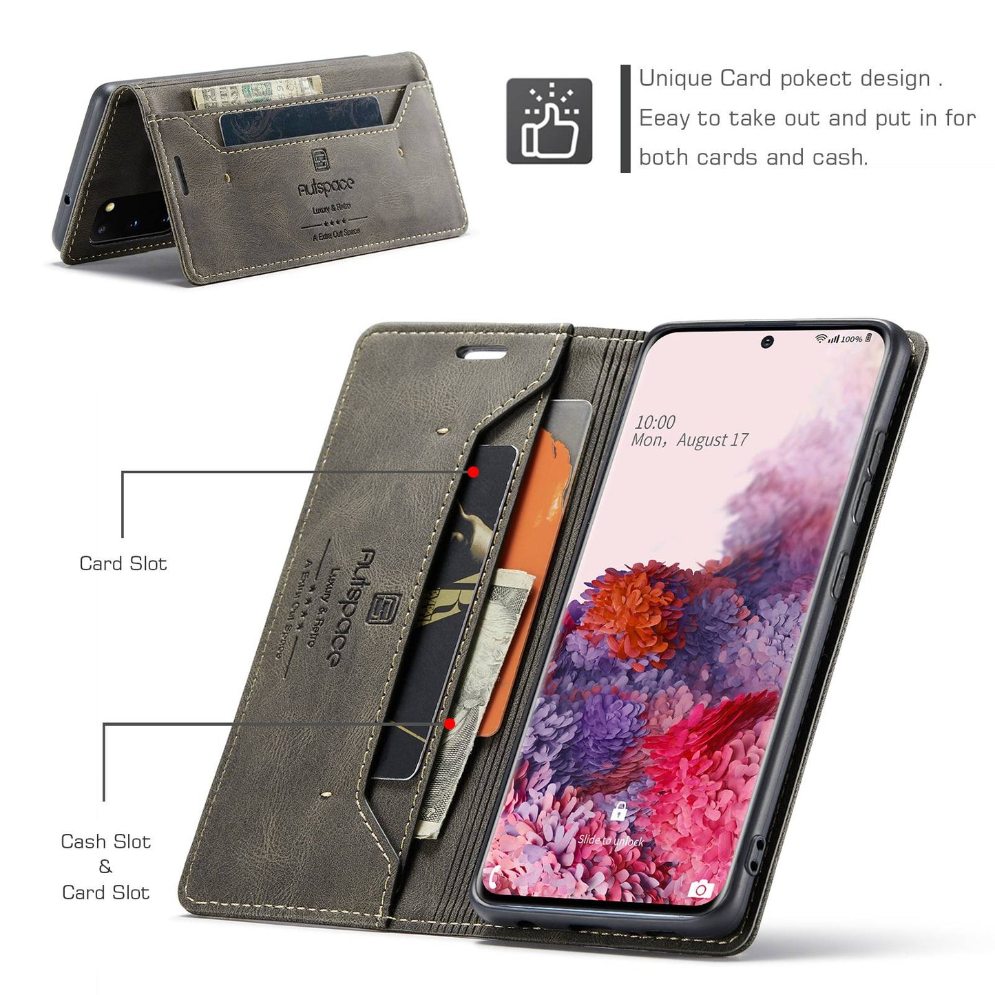 AUTSPACE A01 Series for Samsung Galaxy S20 4G / 5G PU Leather Case RFID Blocking Wallet Flip Stand Cover - Coffee