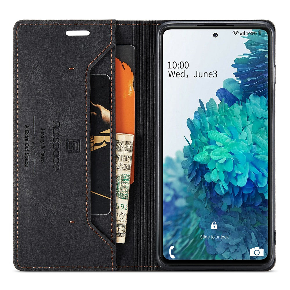 AUTSPACE A01 Series for Samsung Galaxy S20 FE 4G/5G/S20 Lite/S20 Fan Edition 4G/5G/S20 FE 2022 PU Leather Case RFID Blocking Cover - Black