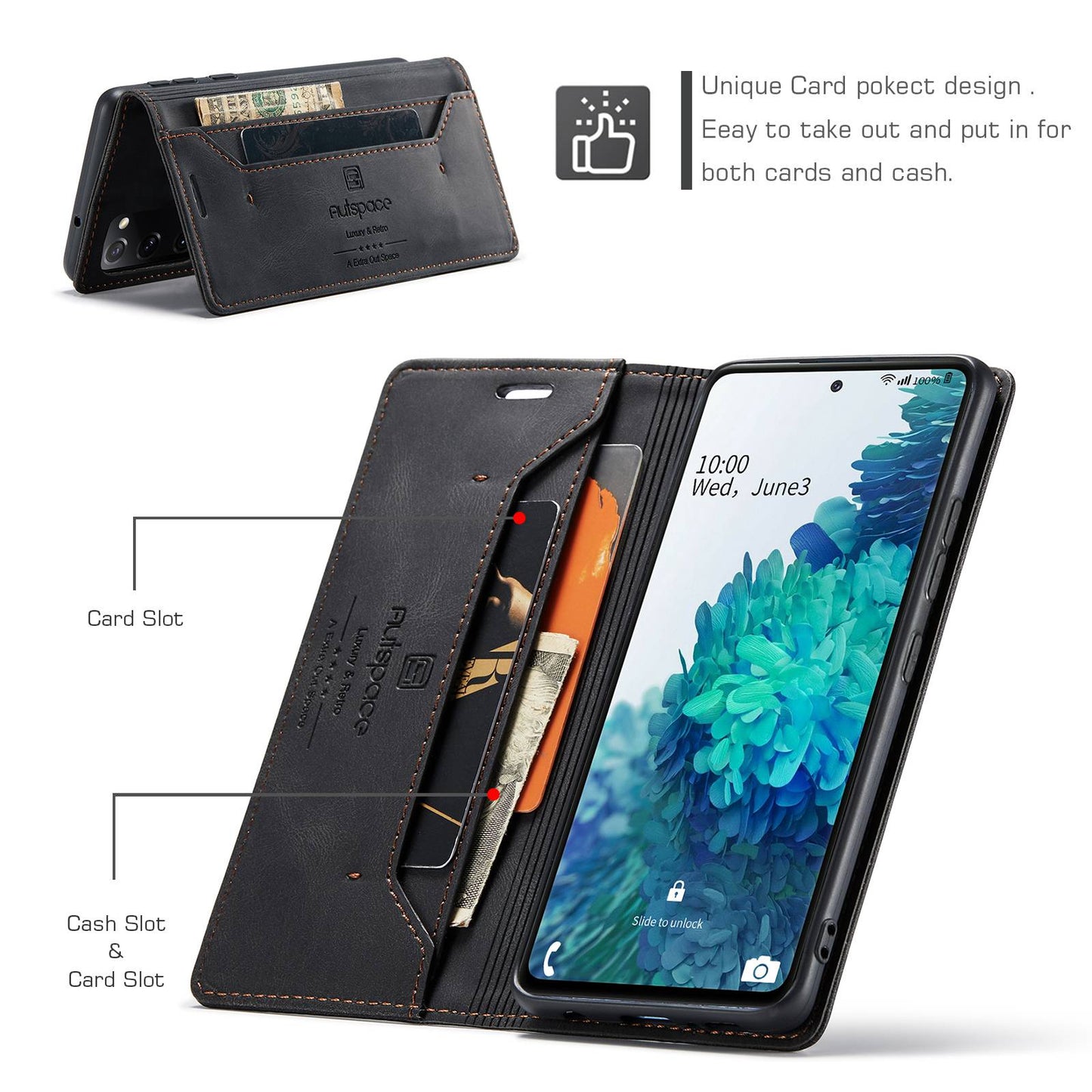 AUTSPACE A01 Series for Samsung Galaxy S20 FE 4G/5G/S20 Lite/S20 Fan Edition 4G/5G/S20 FE 2022 PU Leather Case RFID Blocking Cover - Black