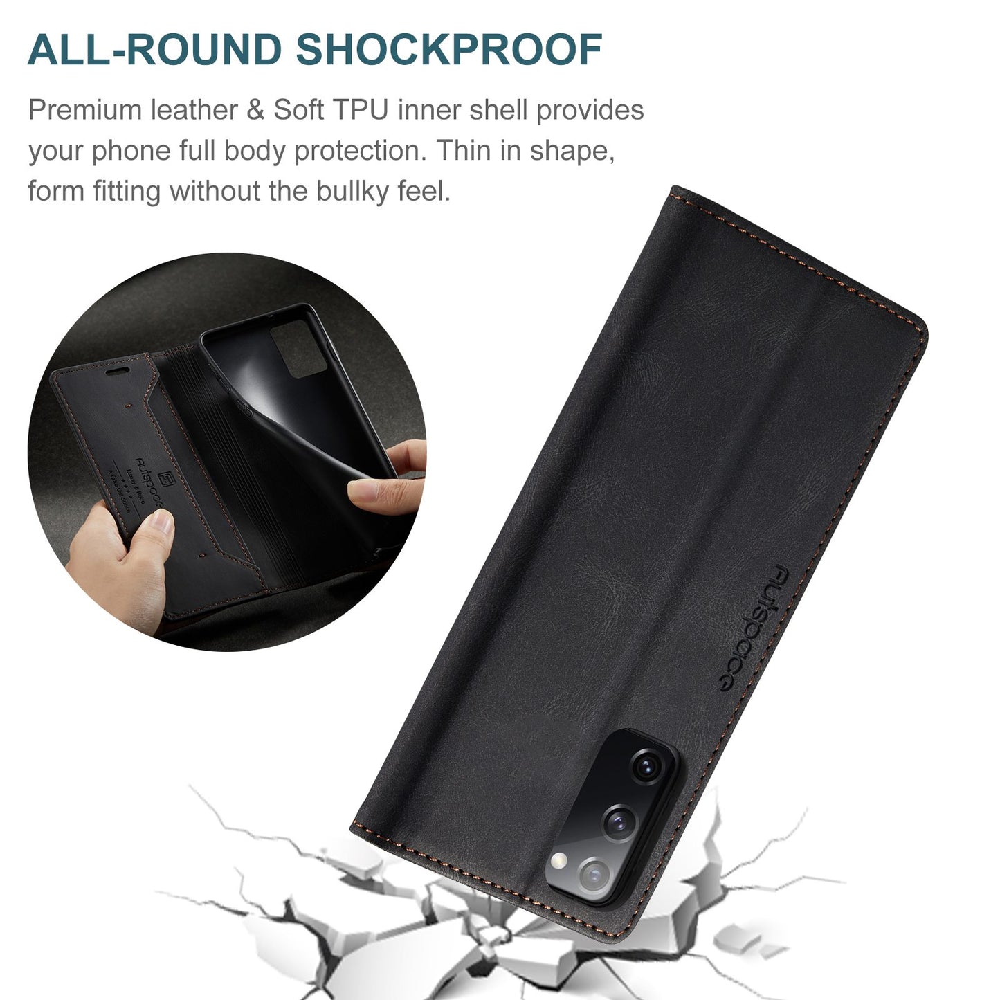AUTSPACE A01 Series for Samsung Galaxy S20 FE 4G/5G/S20 Lite/S20 Fan Edition 4G/5G/S20 FE 2022 PU Leather Case RFID Blocking Cover - Black