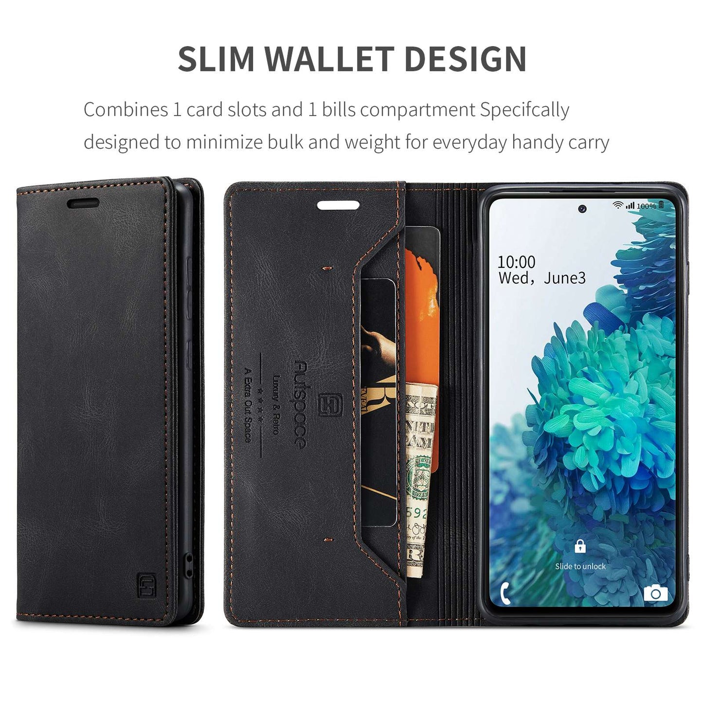 AUTSPACE A01 Series for Samsung Galaxy S20 FE 4G/5G/S20 Lite/S20 Fan Edition 4G/5G/S20 FE 2022 PU Leather Case RFID Blocking Cover - Black