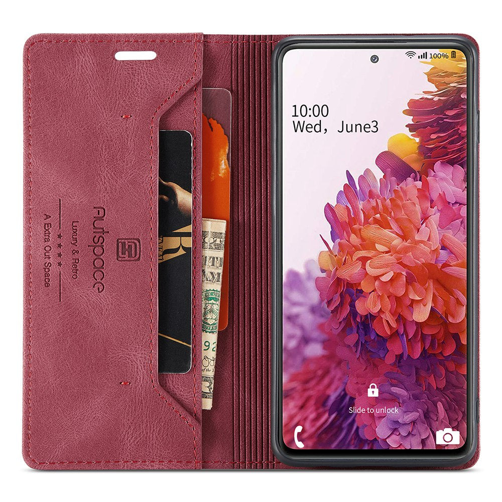 AUTSPACE A01 Series for Samsung Galaxy S20 FE 4G/5G/S20 Lite/S20 Fan Edition 4G/5G/S20 FE 2022 PU Leather Case RFID Blocking Cover - Red