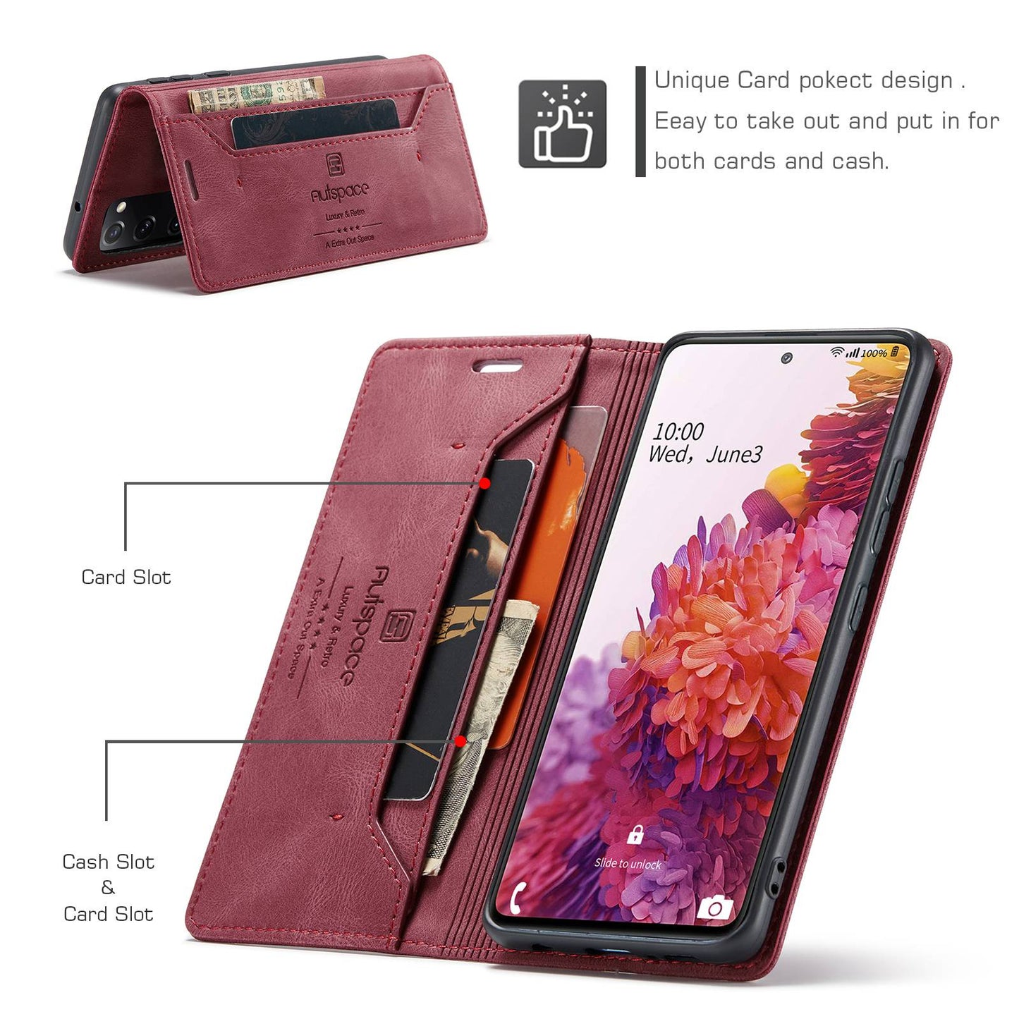 AUTSPACE A01 Series for Samsung Galaxy S20 FE 4G/5G/S20 Lite/S20 Fan Edition 4G/5G/S20 FE 2022 PU Leather Case RFID Blocking Cover - Red